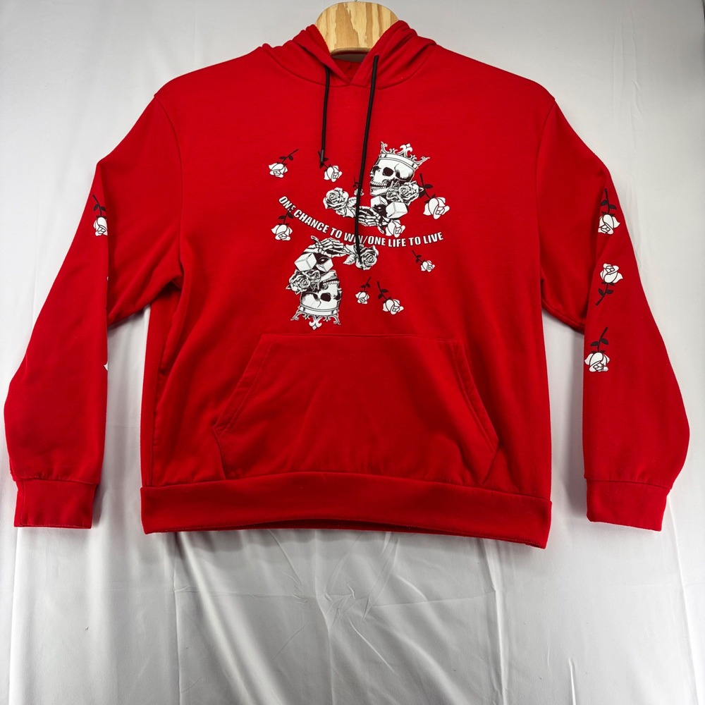 AK Mens Red Graphic Hoodie Skull Rose One Life to Live Streetwear XL